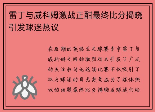 雷丁与威科姆激战正酣最终比分揭晓引发球迷热议
